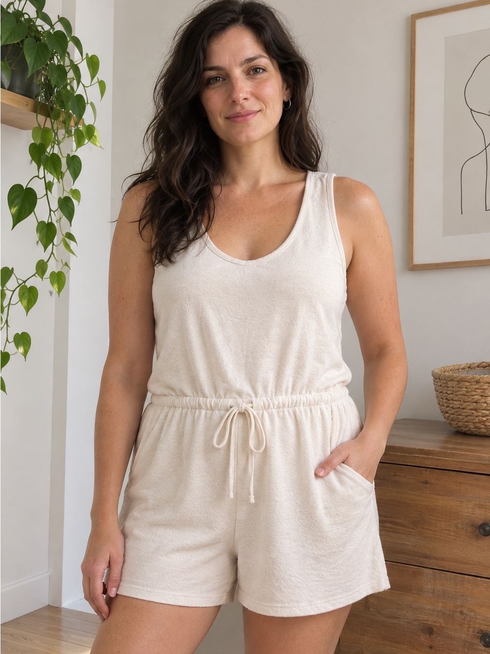 Old Navy Ecru Terrycloth Romper Shortall Drawstring Resort Beach Cover Up Large